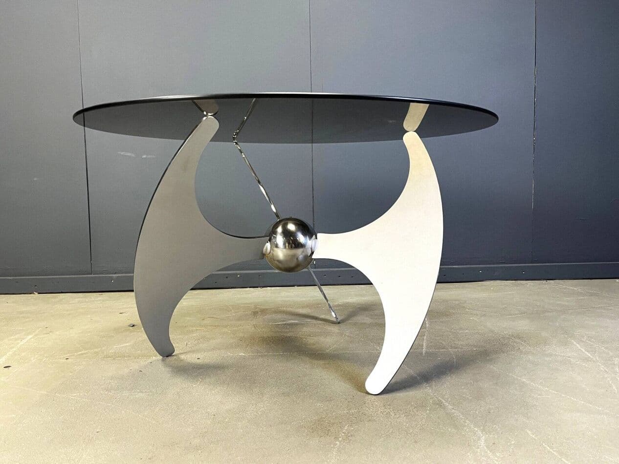 Dining Table Helix, smoked transparent glass, chrome, by L. Campanini, Italy, 1970s. - 275613