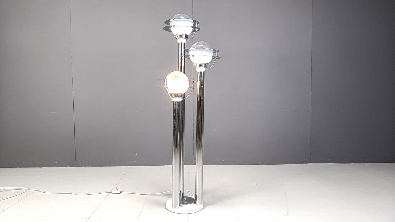 Lampa podłogowa Space Age, chromowany metal srebrny, szkło, lata 70. - 275591
