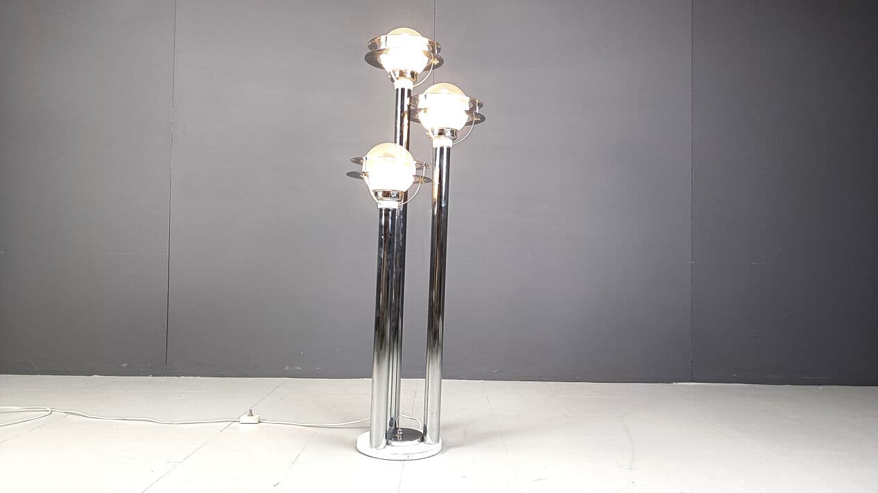 Lampa podłogowa Space Age, chromowany metal srebrny, szkło, lata 70. - 275589