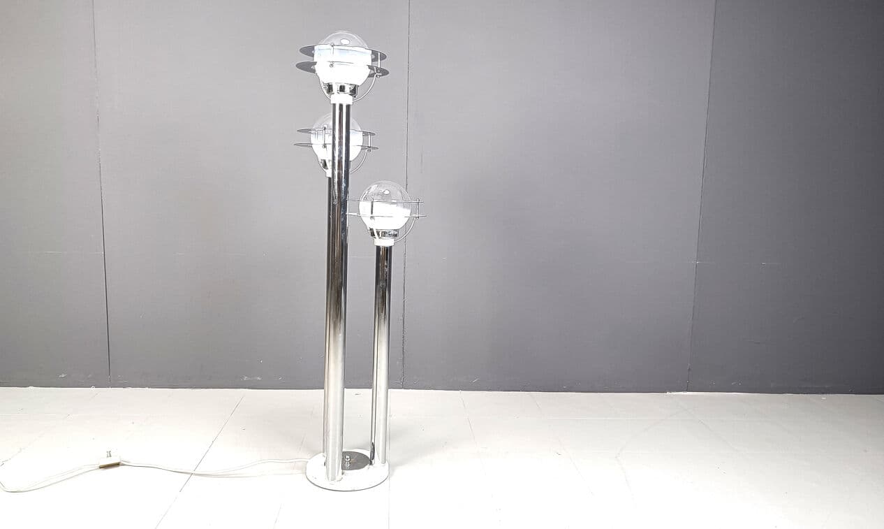 Lampa podłogowa Space Age, chromowany metal srebrny, szkło, lata 70. - 275596