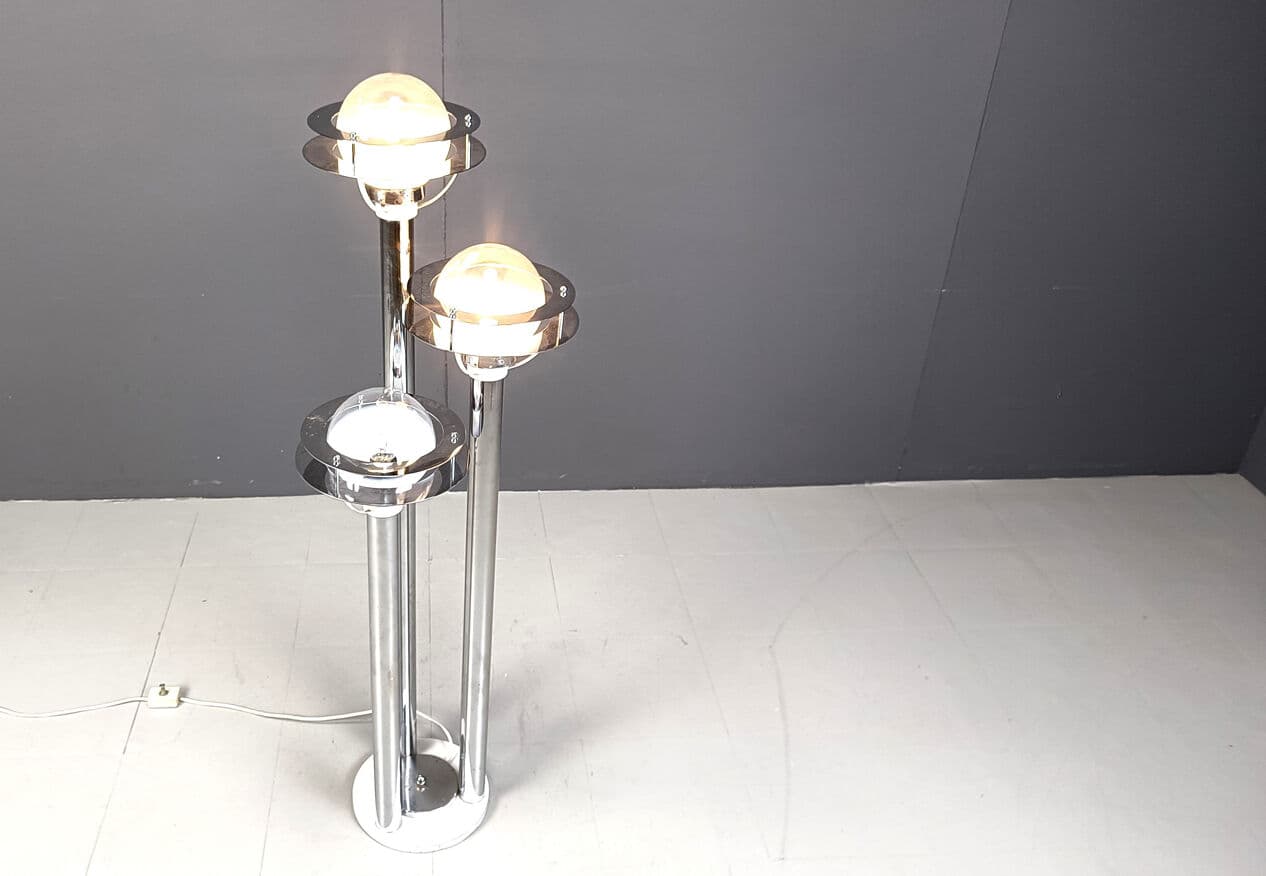 Lampa podłogowa Space Age, chromowany metal srebrny, szkło, lata 70. - 275592