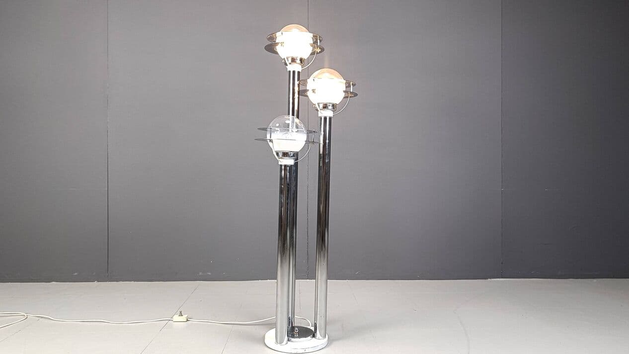 Lampa podłogowa Space Age, chromowany metal srebrny, szkło, lata 70. - 275597