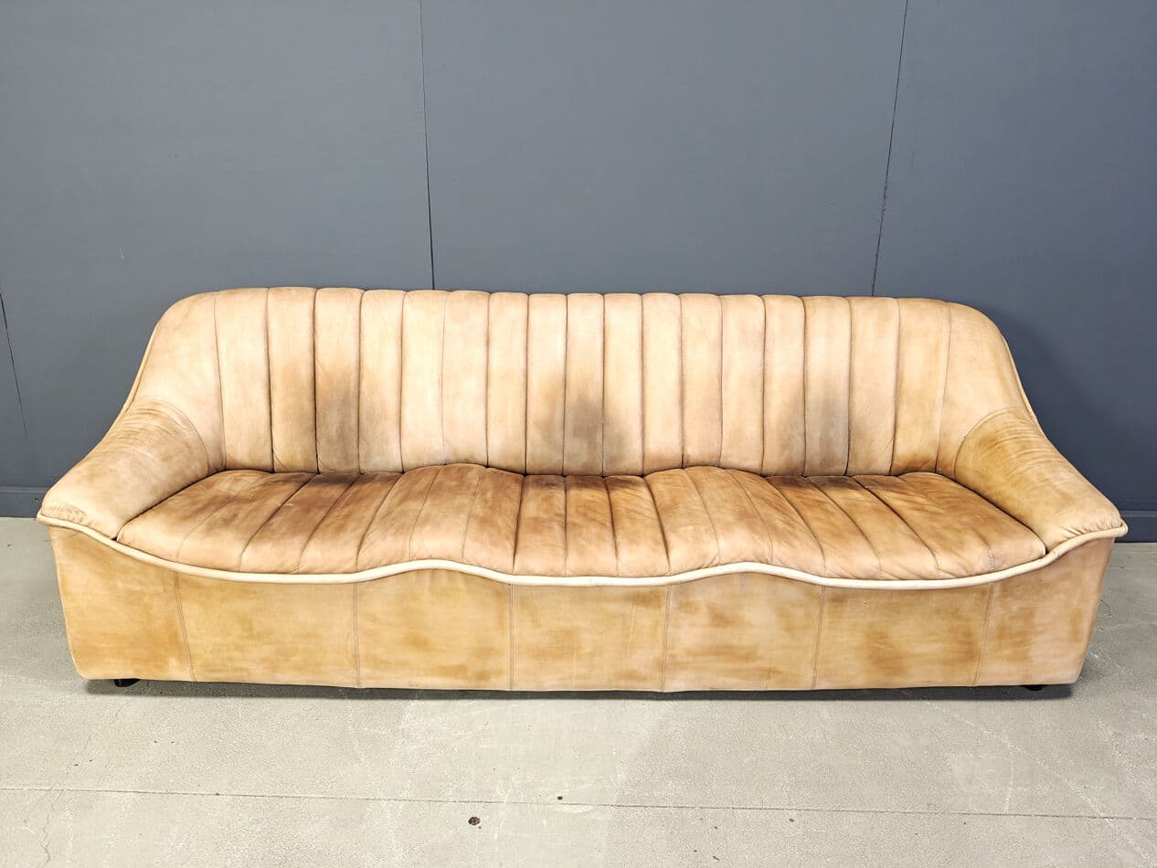 Trzyczęściowy zestaw wypoczynkowy, skóra beżowa, Niemcy, lata 60. - 275574