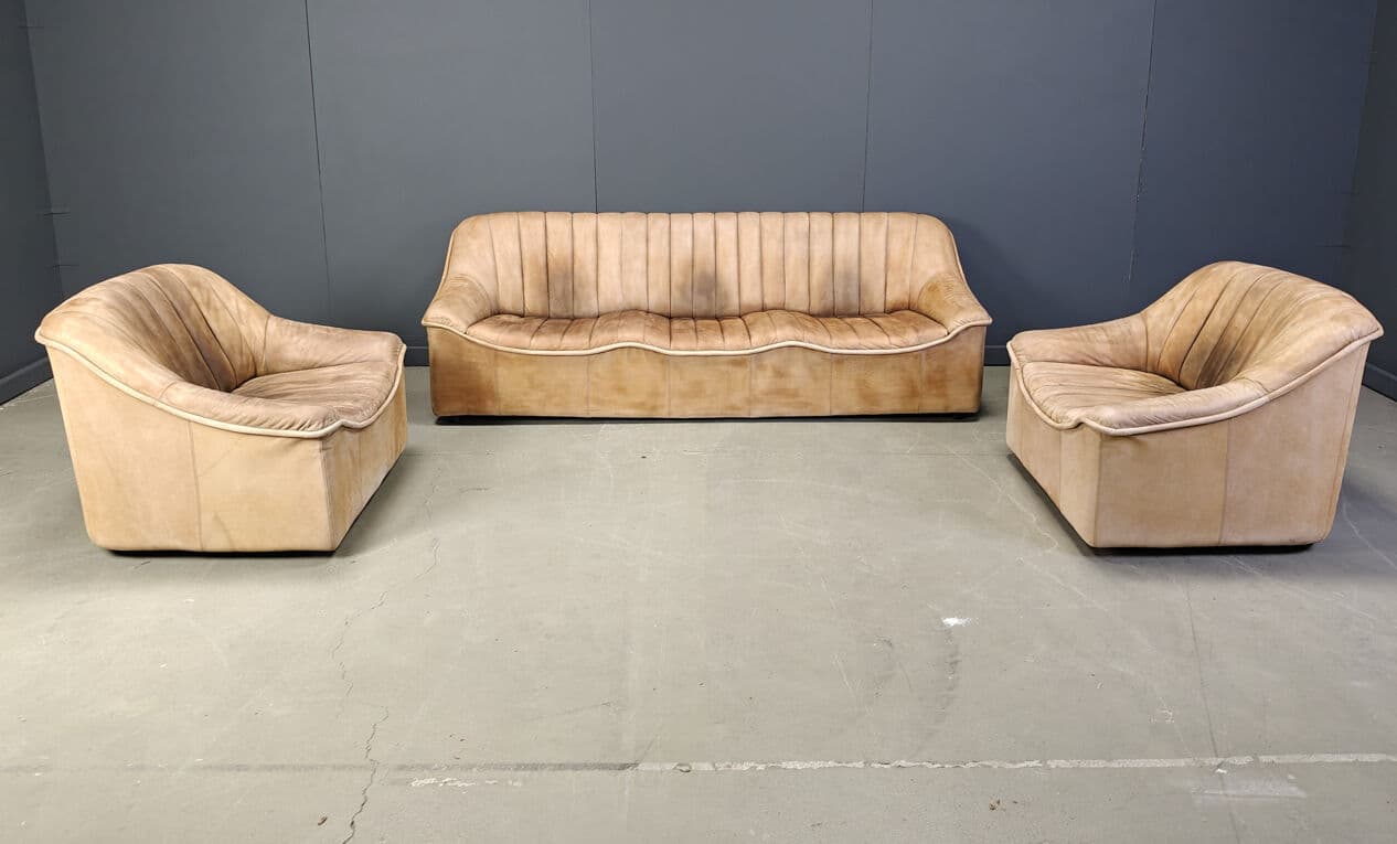 Trzyczęściowy zestaw wypoczynkowy, skóra beżowa, Niemcy, lata 60. - 275573