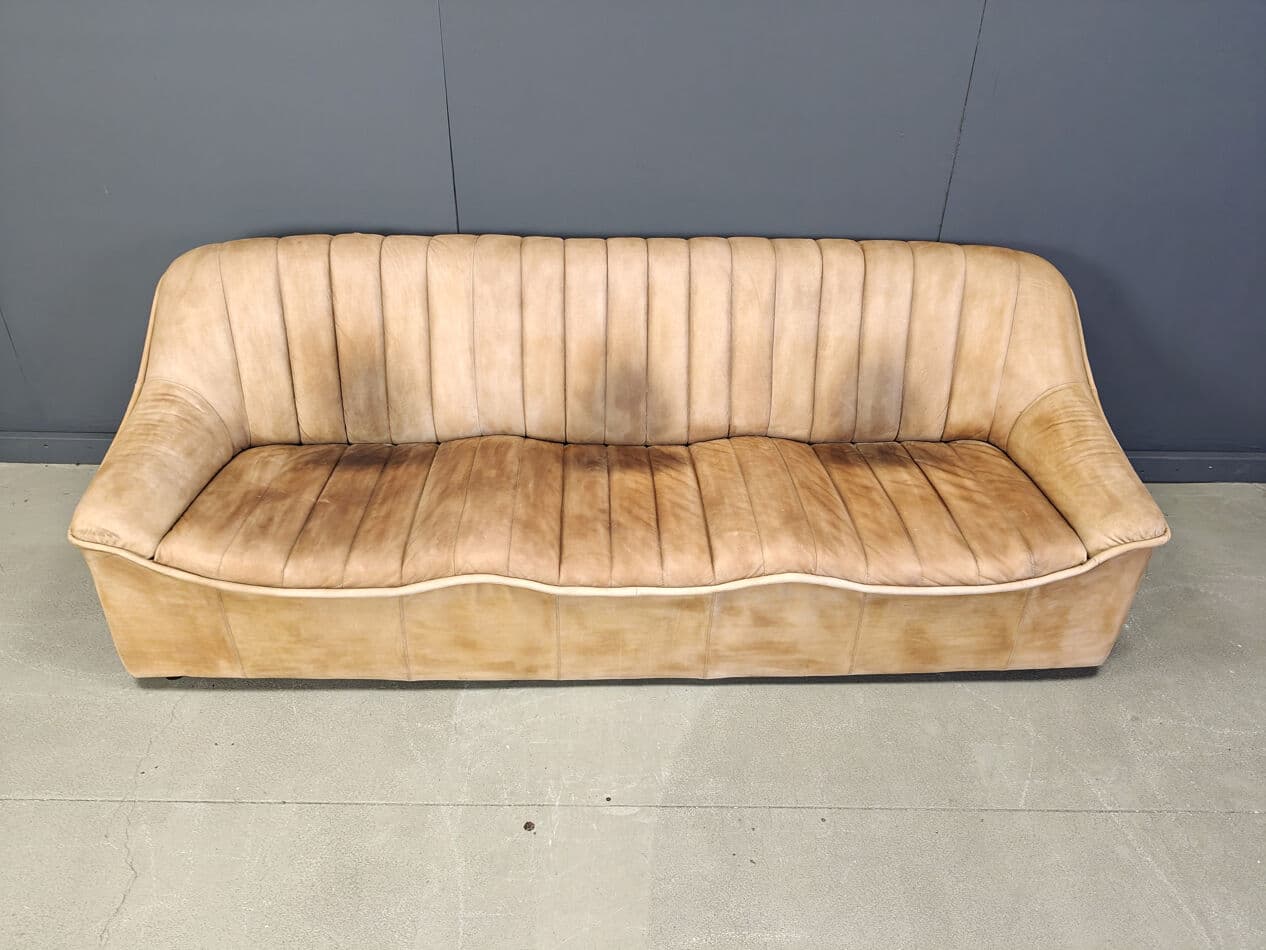 Trzyczęściowy zestaw wypoczynkowy, skóra beżowa, Niemcy, lata 60. - 275587