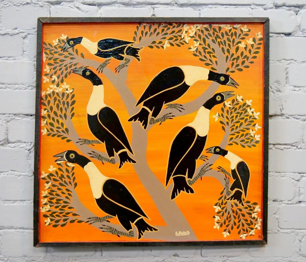 Painting Birds, Tingatinga, multicolor, paper, by A. Rashid, Tanzania, 1970s. - 18954