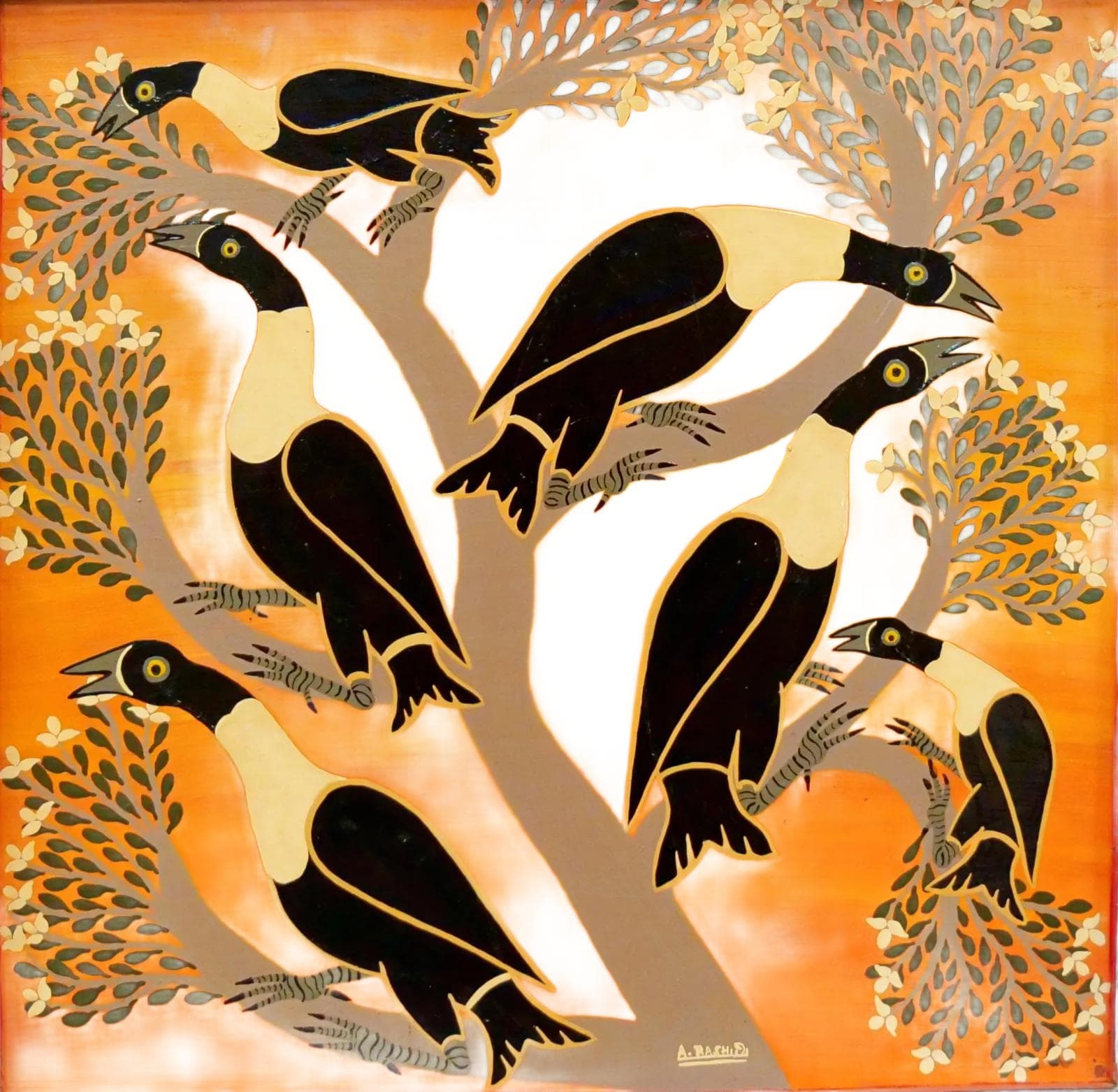 Painting Birds, Tingatinga, multicolor, paper, by A. Rashid, Tanzania, 1970s.