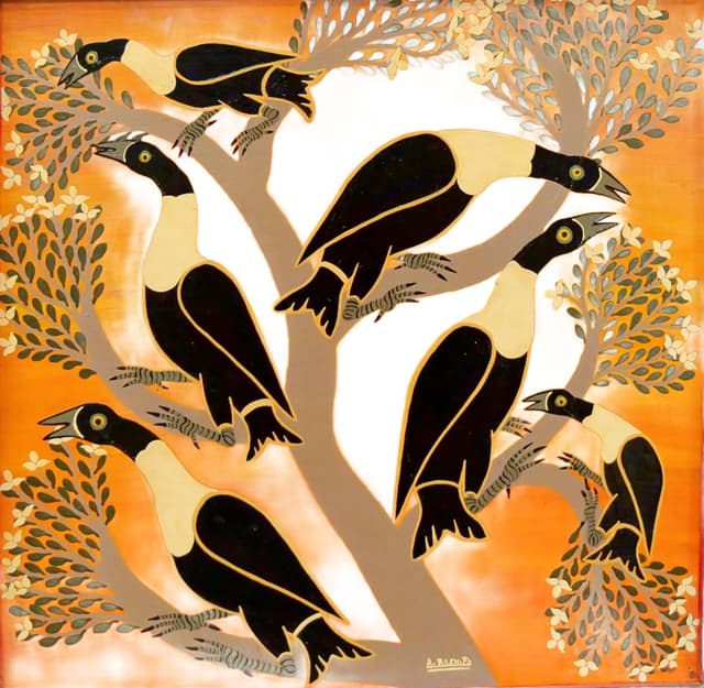 Painting Birds, Tingatinga, multicolor, paper, by A. Rashid, Tanzania, 1970s. - DIMENSION