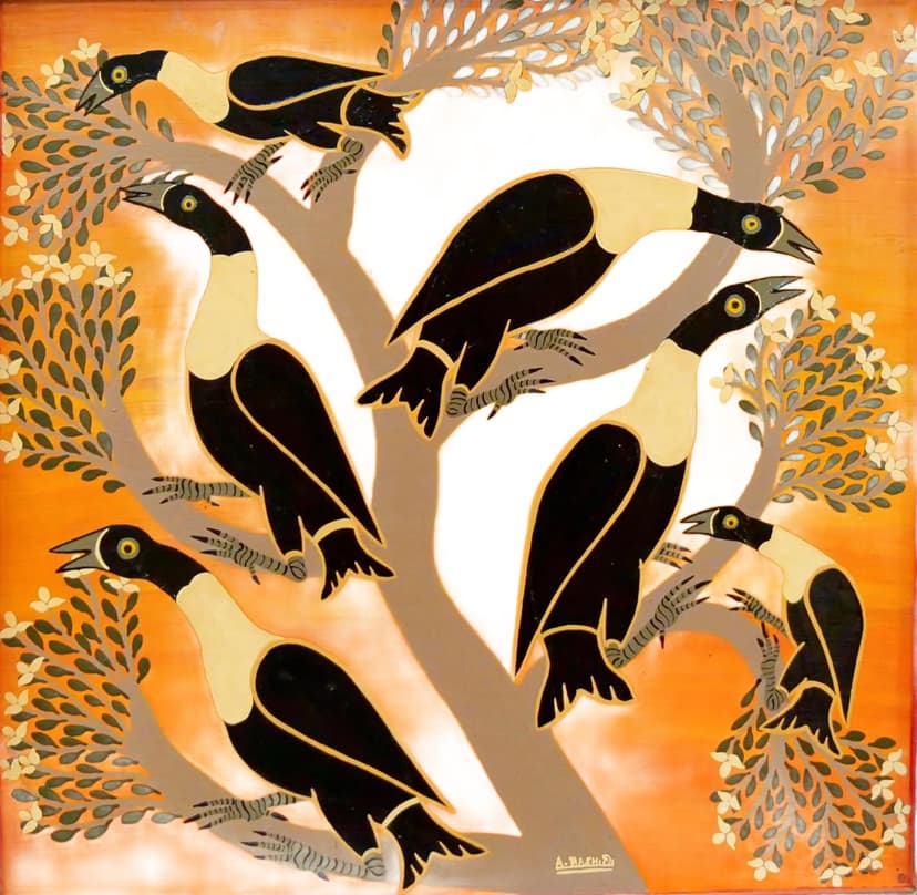 Painting Birds, Tingatinga, multicolor, paper, by A. Rashid, Tanzania, 1970s.