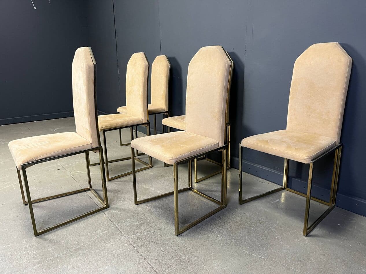 Set of Six Dining Chairs, brass beige suede, Belgium, 1970s. - 275513