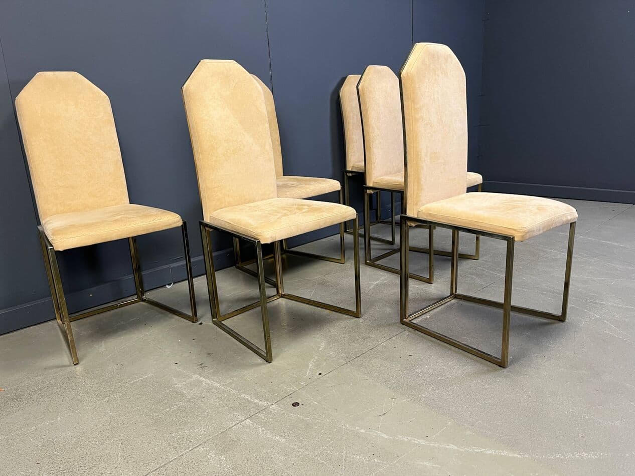 Set of Six Dining Chairs, brass beige suede, Belgium, 1970s. - 275515