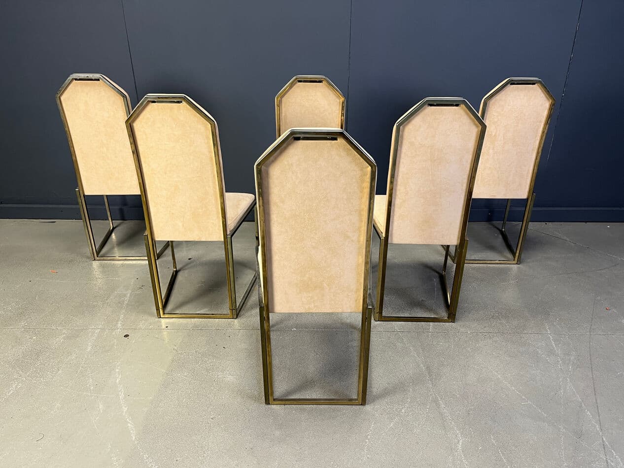 Set of Six Dining Chairs, brass beige suede, Belgium, 1970s. - 275517