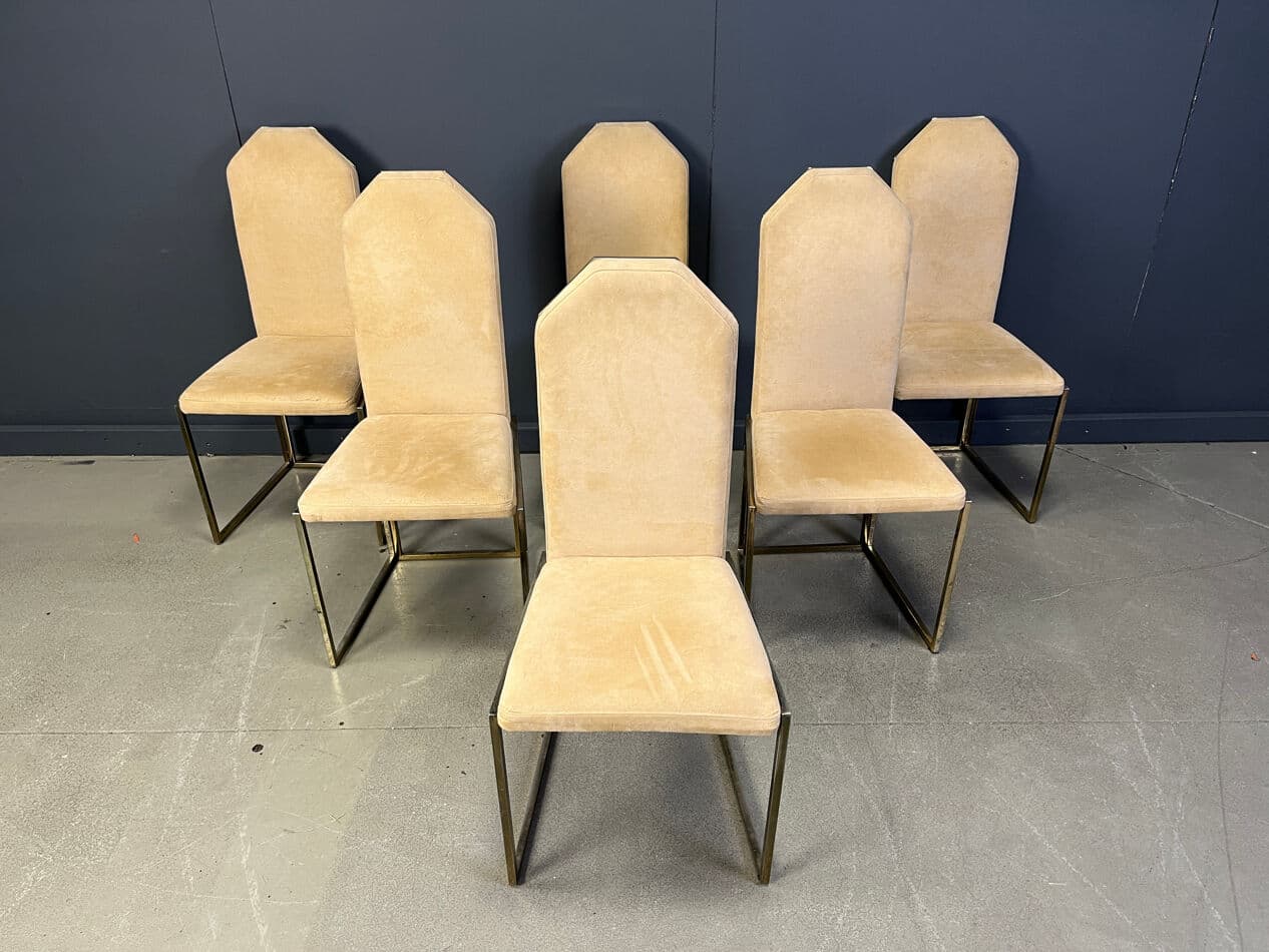 Set of Six Dining Chairs, brass beige suede, Belgium, 1970s. - 275514