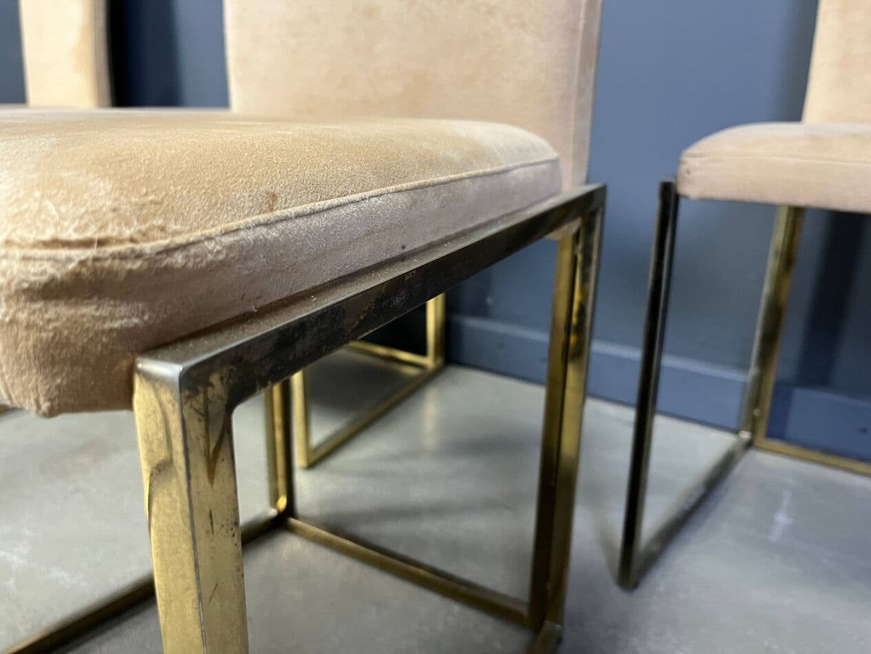 Set of Six Dining Chairs, brass beige suede, Belgium, 1970s. - 275519