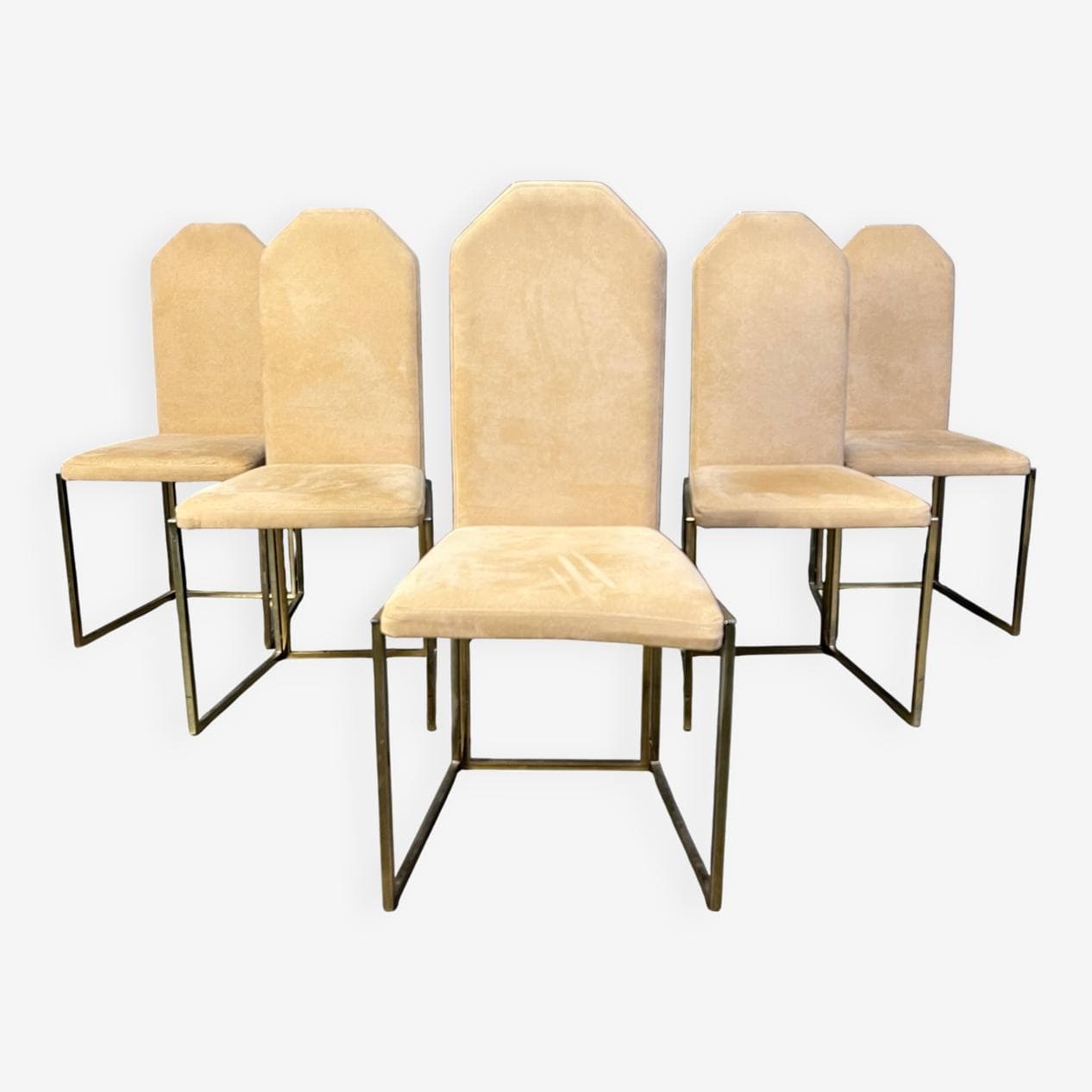 Set of Six Dining Chairs, brass beige suede, Belgium, 1970s. - 275511