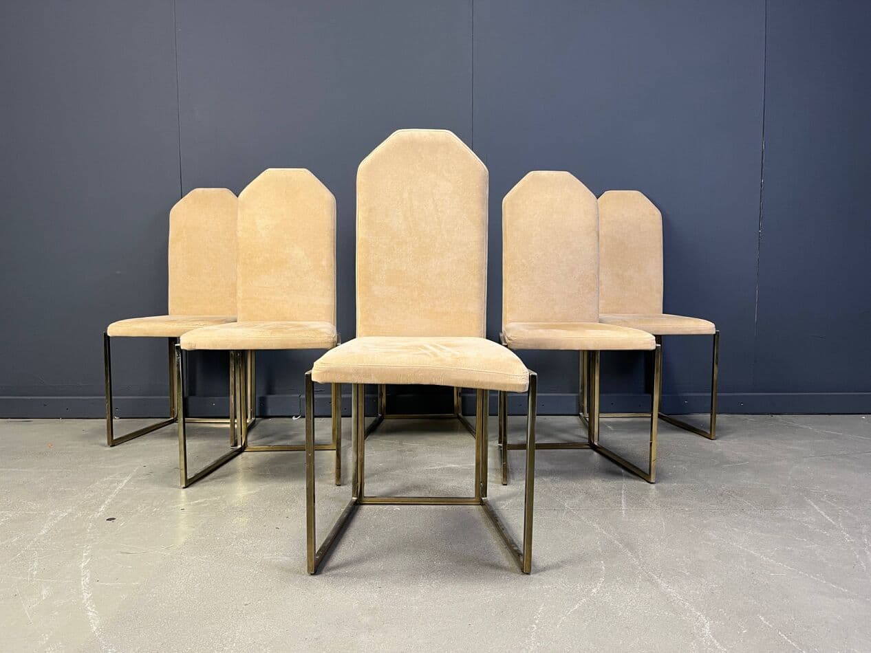 Set of Six Dining Chairs, brass beige suede, Belgium, 1970s. - 275516