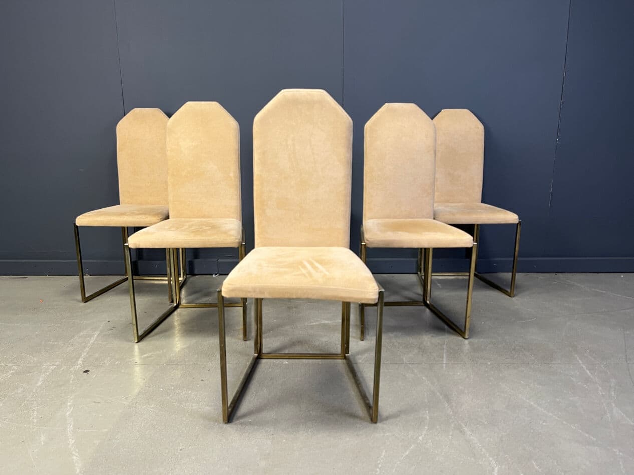 Set of Six Dining Chairs, brass beige suede, Belgium, 1970s. - 275508