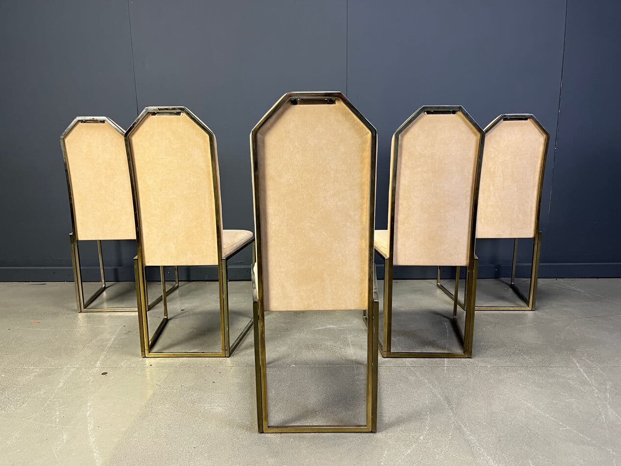 Set of Six Dining Chairs, brass beige suede, Belgium, 1970s. - 275512