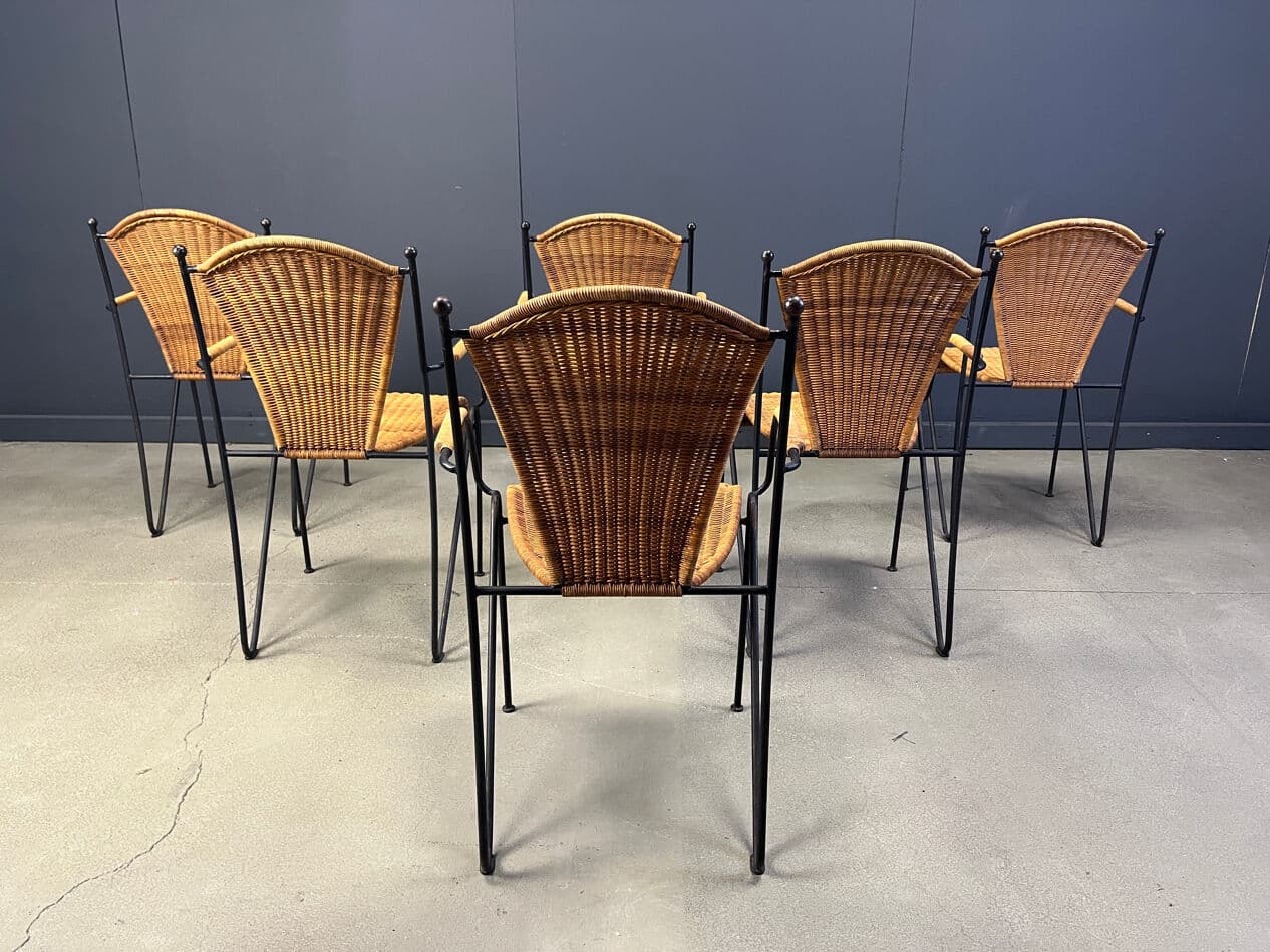 Zestaw sześciu krzeseł, wiklina brązowa, żelazo czarne, proj. F. Weinberg, Francja, lata 60. - 275363