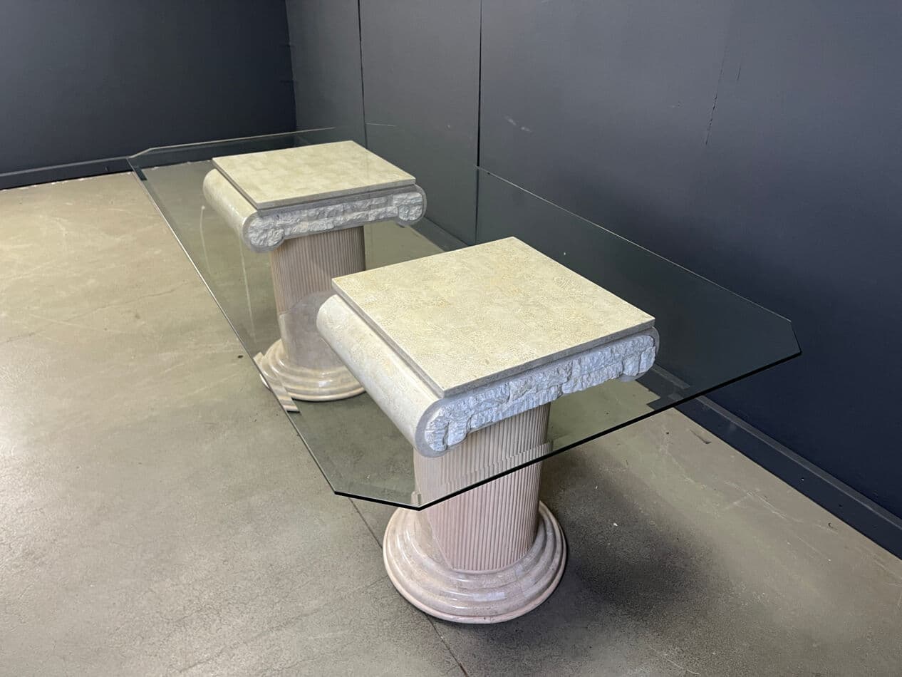 Stół jadalniany, mozaikowy kamień beżowy, szkło przezroczyste, lata 70. - 275348