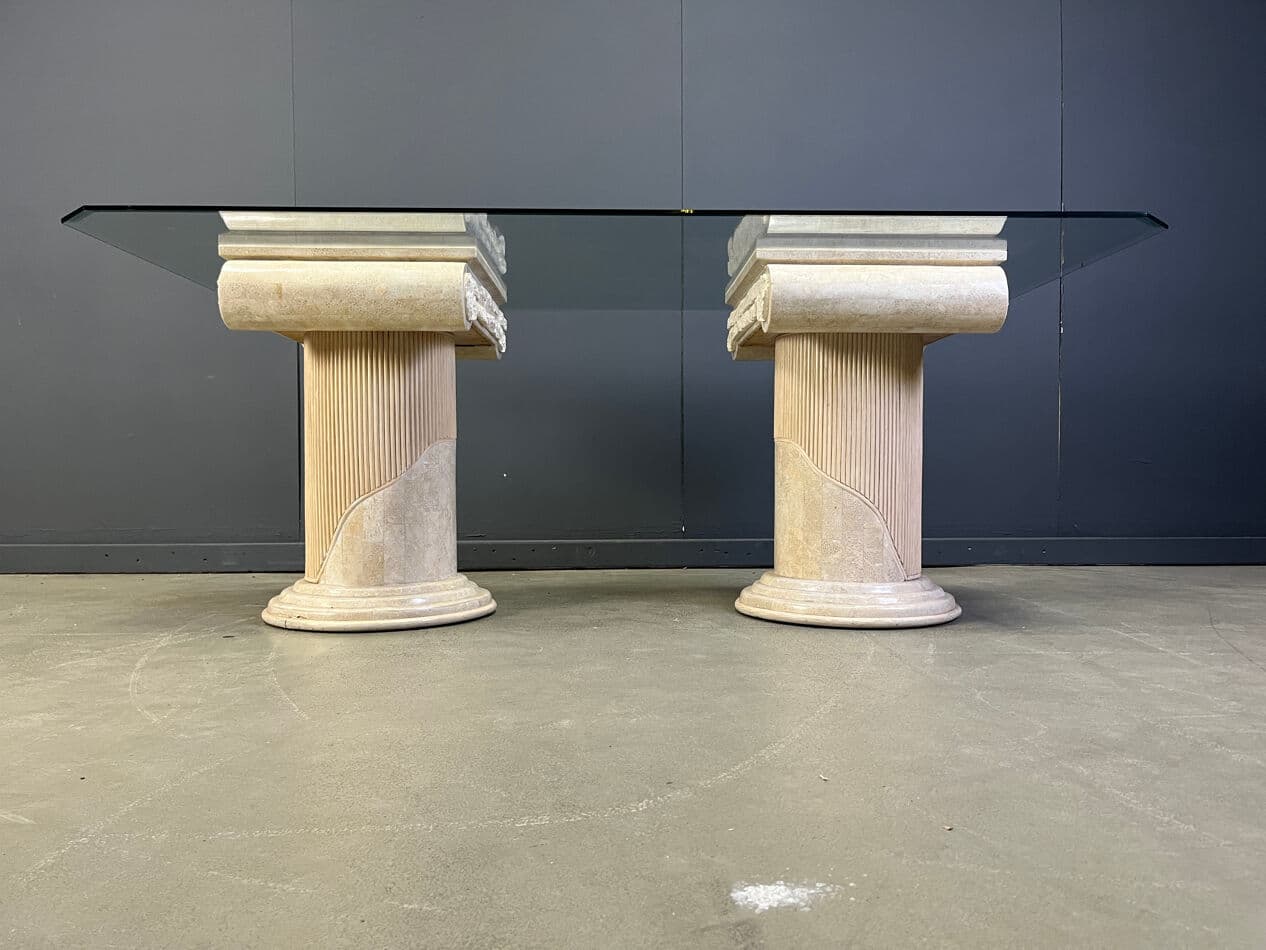 Stół jadalniany, mozaikowy kamień beżowy, szkło przezroczyste, lata 70. - 275346