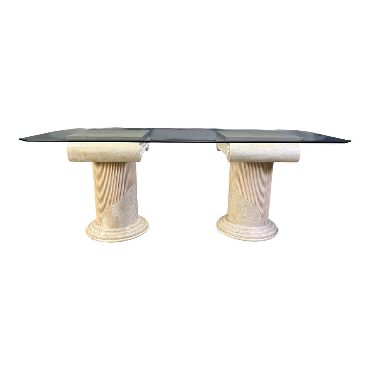 Stół jadalniany, mozaikowy kamień beżowy, szkło przezroczyste, lata 70.