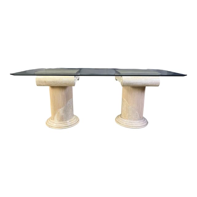 Stół jadalniany, mozaikowy kamień beżowy, szkło przezroczyste, lata 70. - WYMIARY