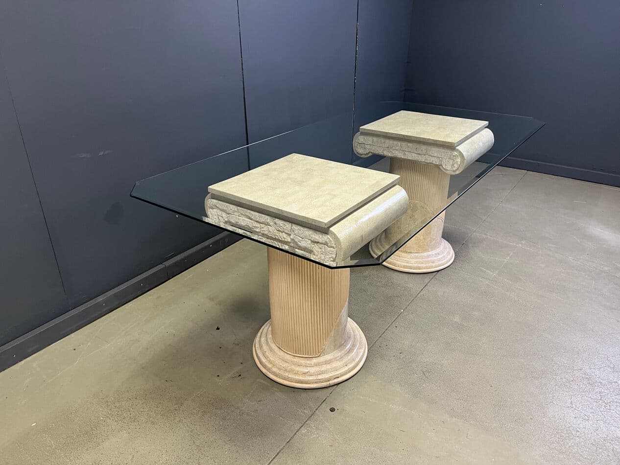 Stół jadalniany, mozaikowy kamień beżowy, szkło przezroczyste, lata 70. - 275343