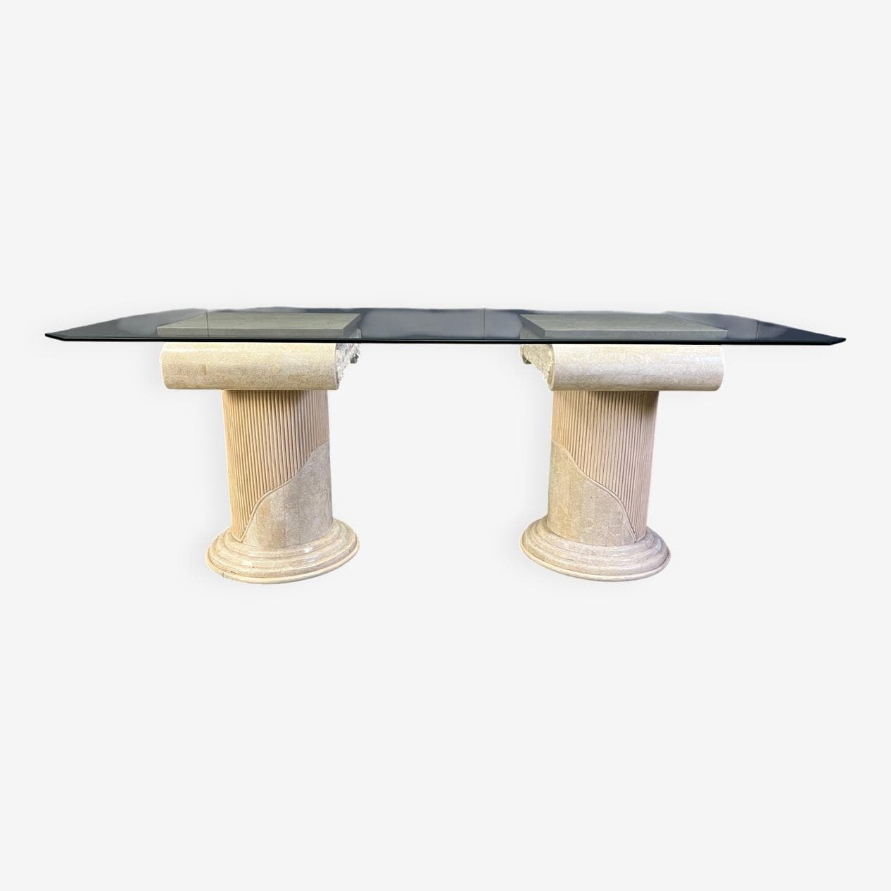 Stół jadalniany, mozaikowy kamień beżowy, szkło przezroczyste, lata 70. - 275345