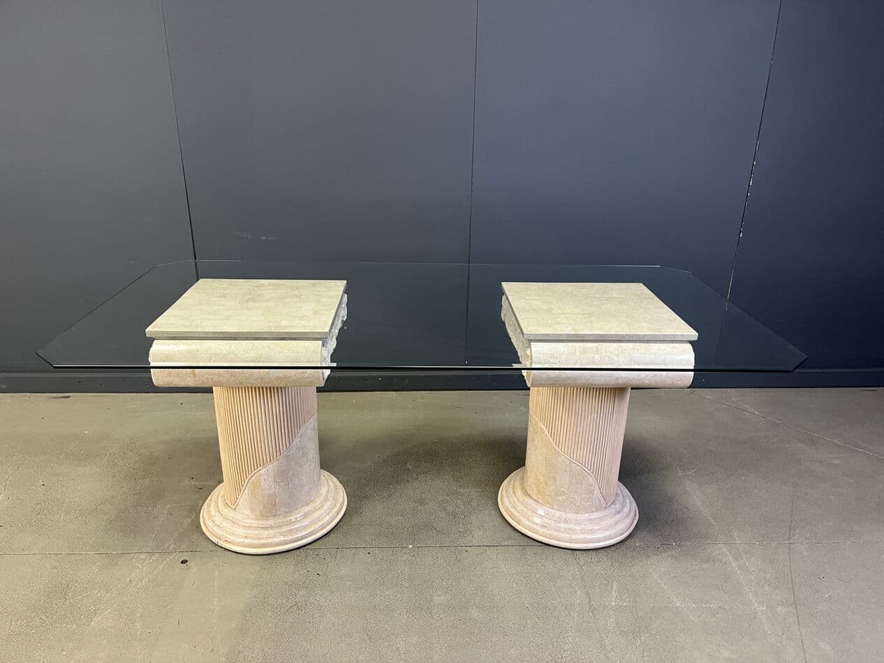 Stół jadalniany, mozaikowy kamień beżowy, szkło przezroczyste, lata 70. - 275351