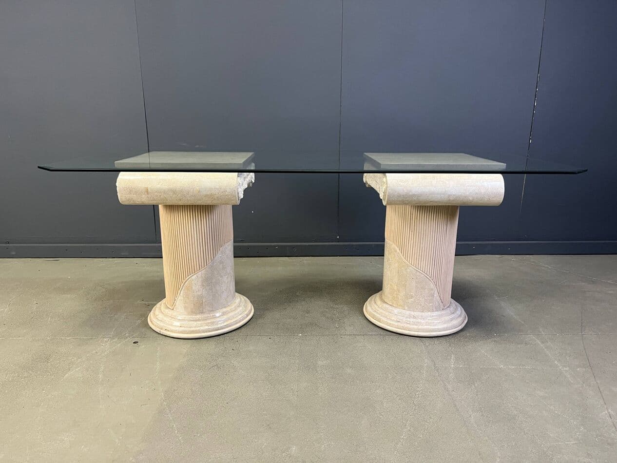 Stół jadalniany, mozaikowy kamień beżowy, szkło przezroczyste, lata 70. - 275344