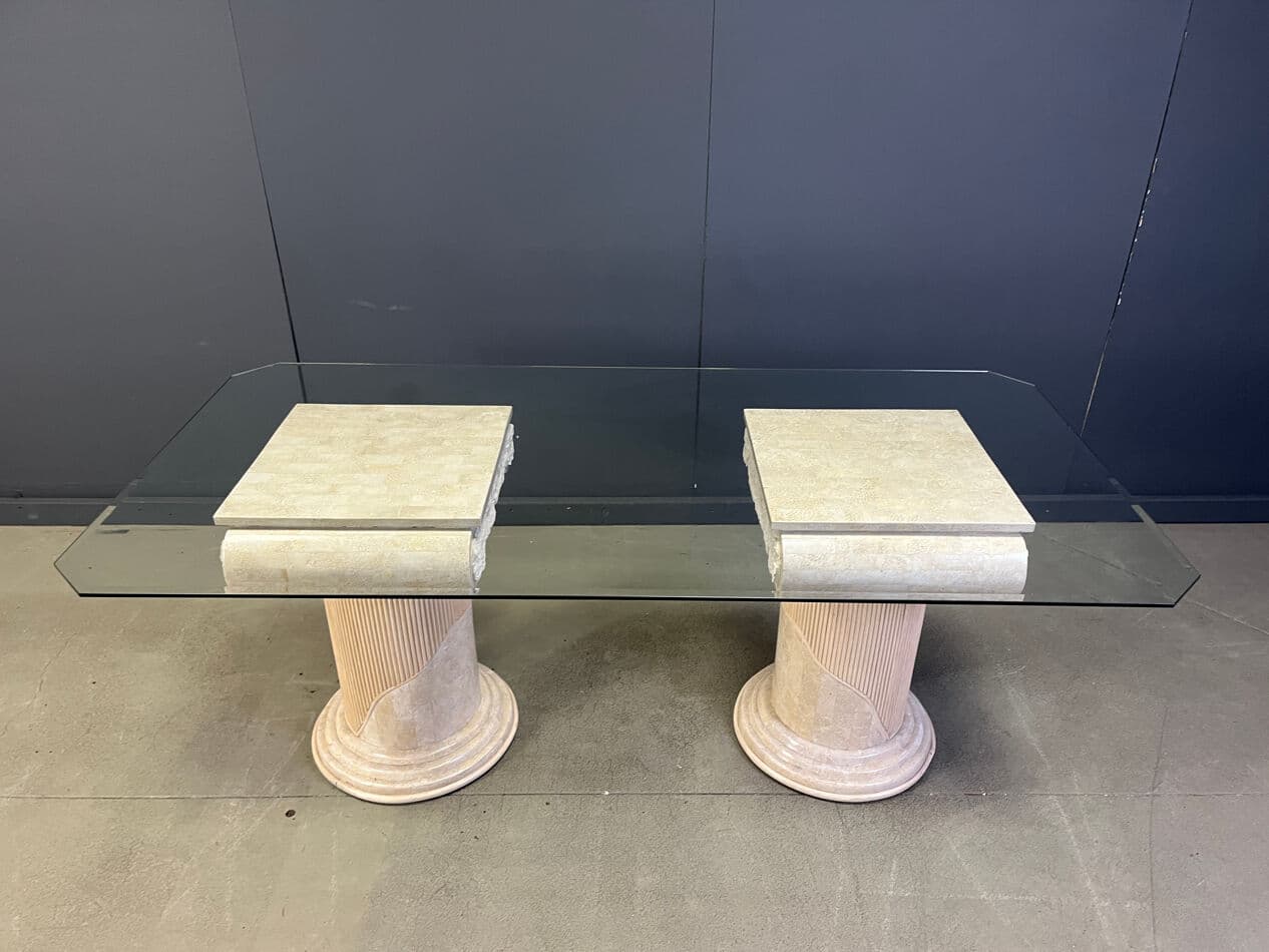 Stół jadalniany, mozaikowy kamień beżowy, szkło przezroczyste, lata 70. - 275347