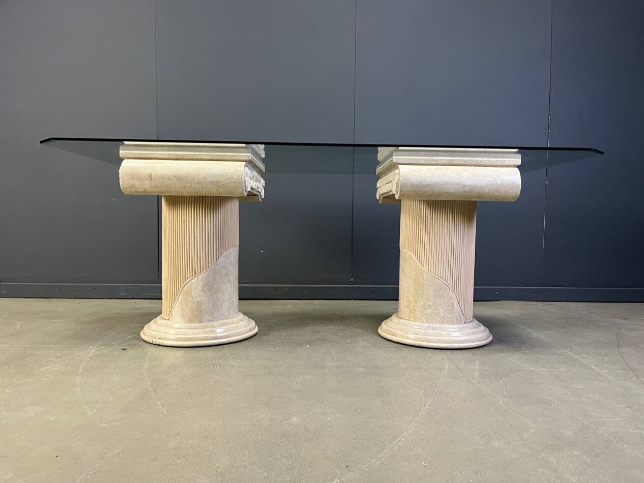 Stół jadalniany, mozaikowy kamień beżowy, szkło przezroczyste, lata 70. - 275342