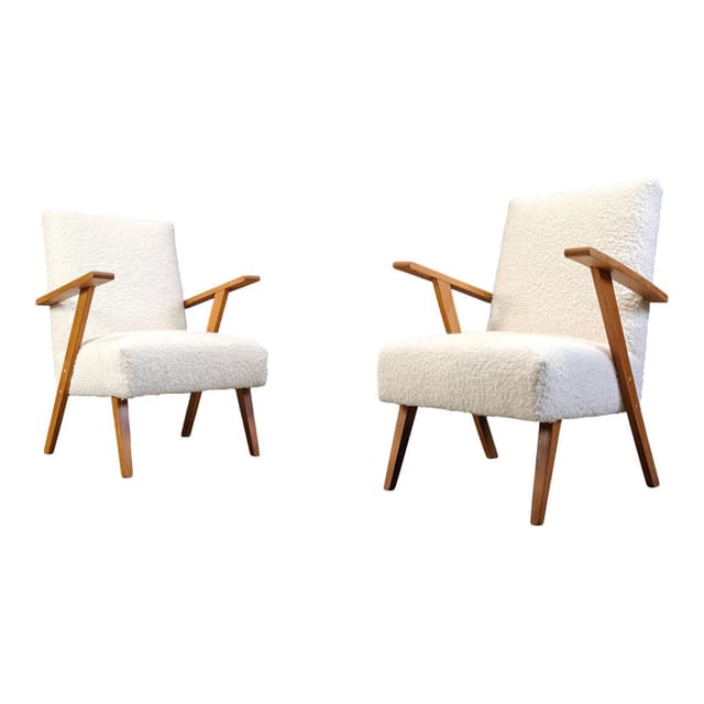 Para foteli, bouclé biały, drewno jasny, Holandia, lata 60. - WYMIARY