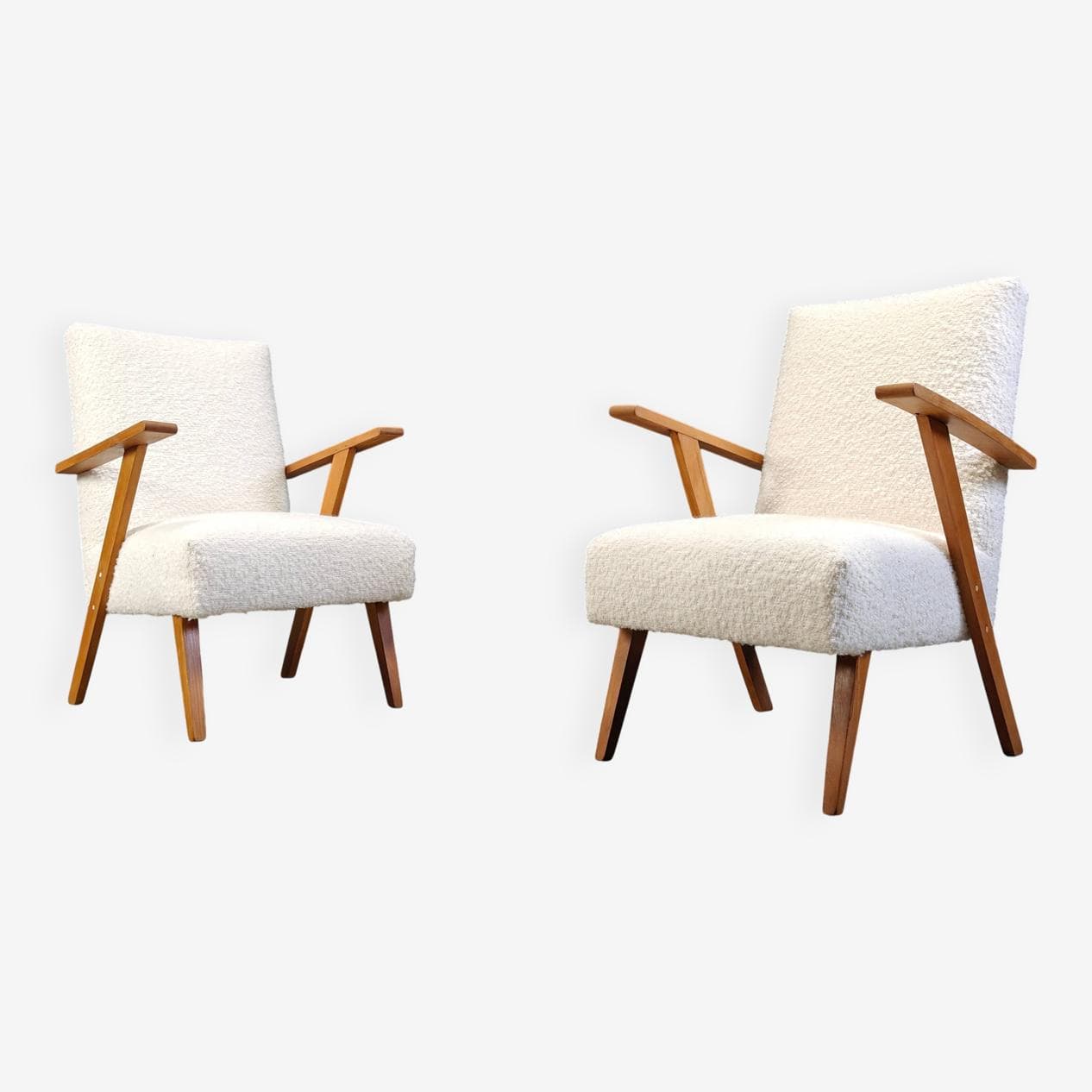 Para foteli, bouclé biały, drewno jasny, Holandia, lata 60. - 275320