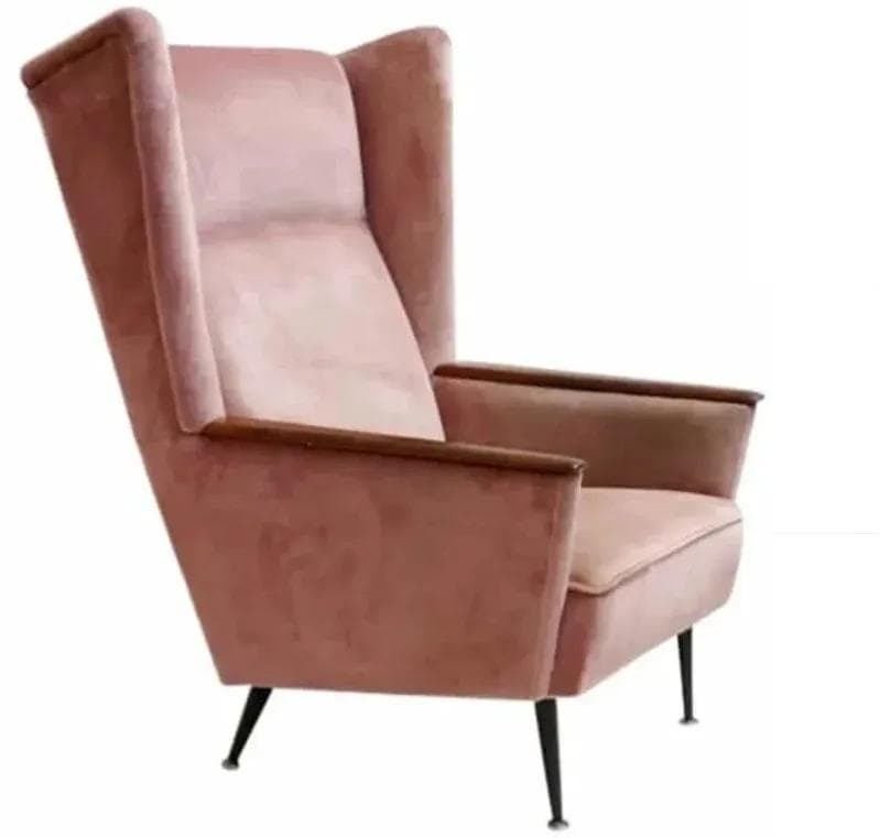 Fotel Wingback, velvet różowy, teak, metal czarny, Włochy, lata 50. - 18936