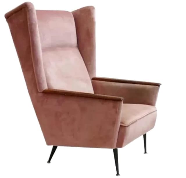 Fotel Wingback, velvet różowy, teak, metal czarny, Włochy, lata 50. - WYMIARY