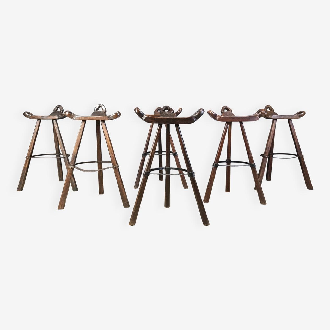 Zestaw sześciu stołków barowych, brutalistyczne, drewno brązowy, metal czarny, Hiszpania, lata 60. - 275279