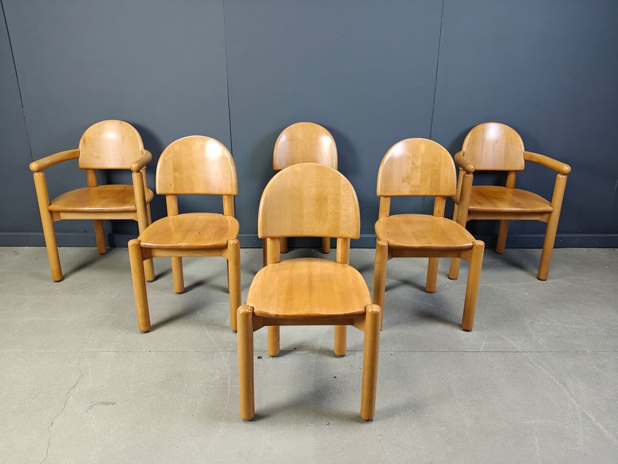 Zestaw sześciu krzeseł jadalnianych, sosna brązowa, proj. R. Daumiller, Hirtshals Savvaerk, Dania, lata 70. - 275266