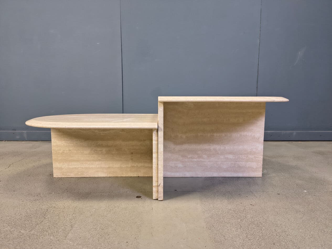 Pair of side tables, beige travertine, Italy, 1970s. - 275253