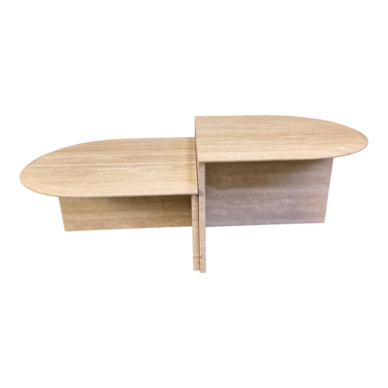 Pair of side tables, beige travertine, Italy, 1970s.