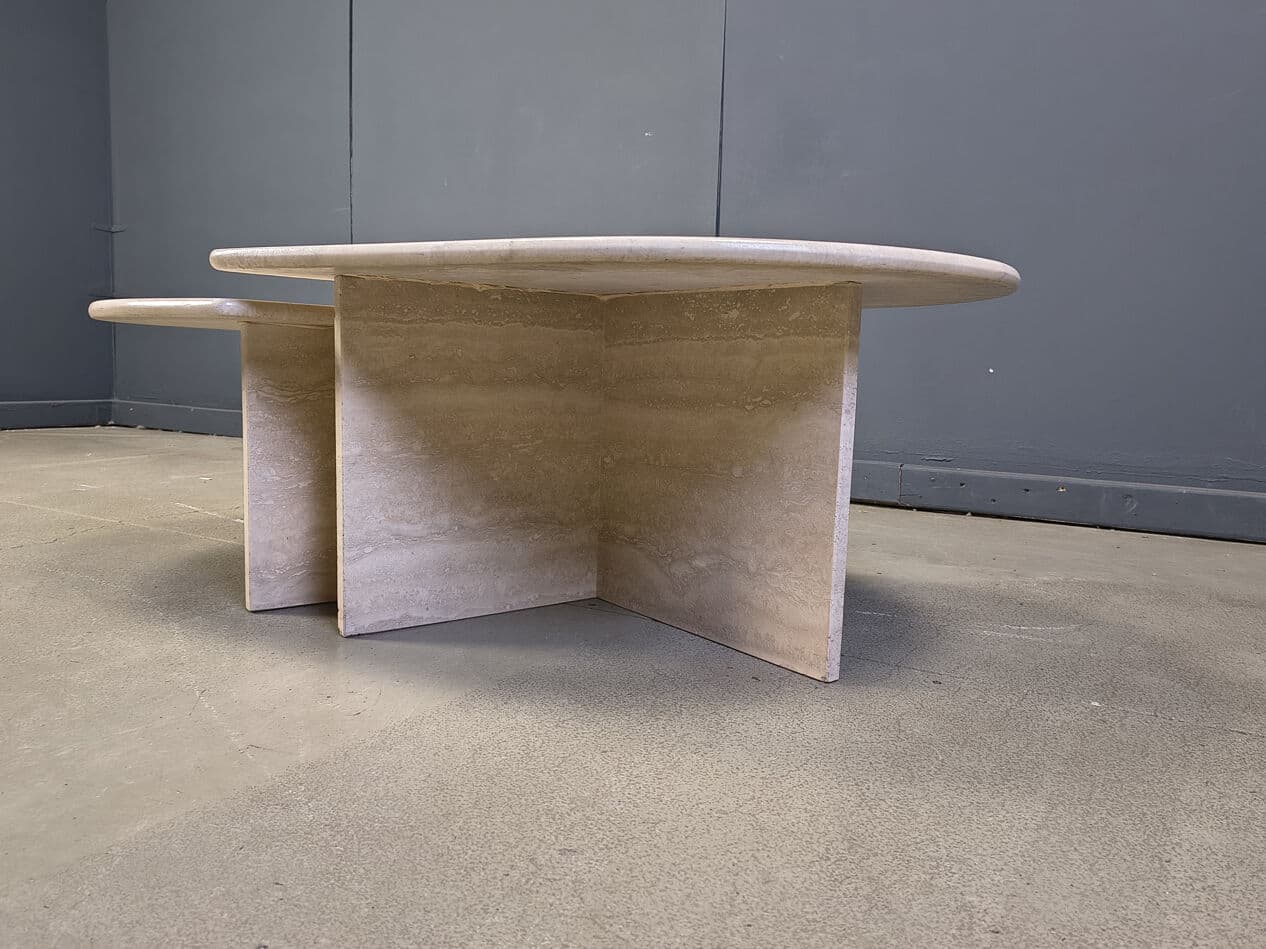 Pair of coffee tables, beige travertine, Italy, 1970s. - 275247