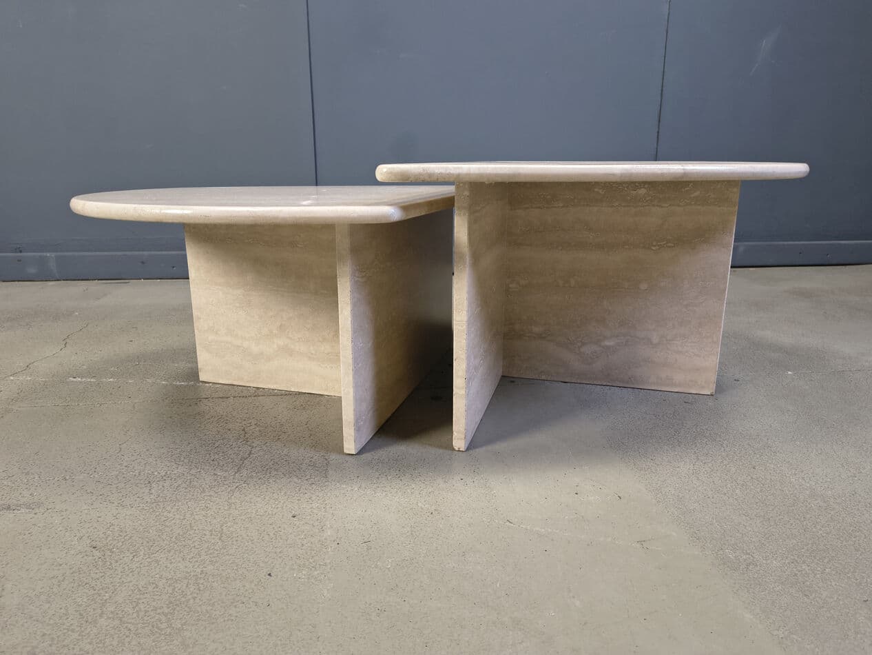 Pair of coffee tables, beige travertine, Italy, 1970s. - 275242