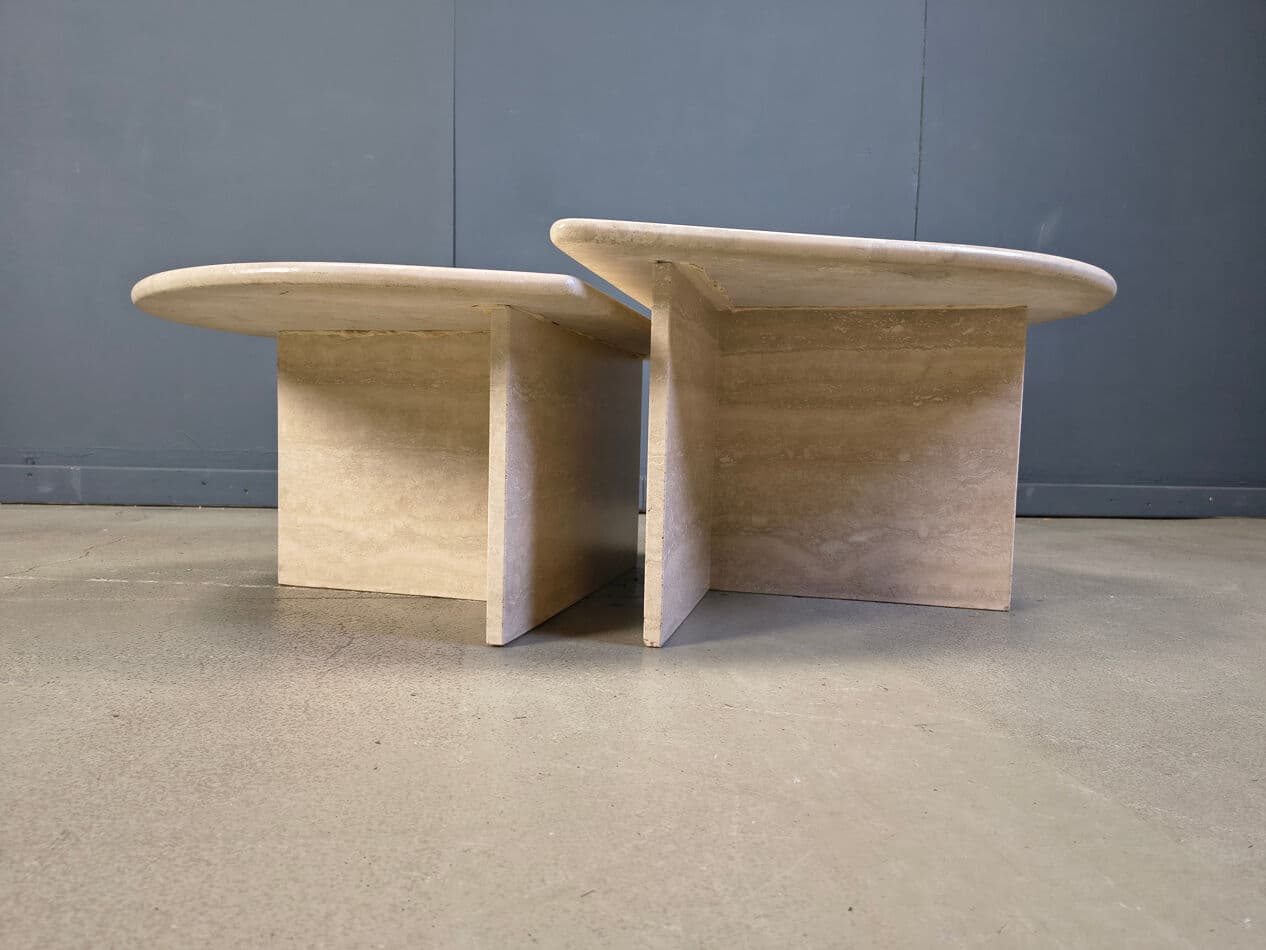 Pair of coffee tables, beige travertine, Italy, 1970s. - 275241