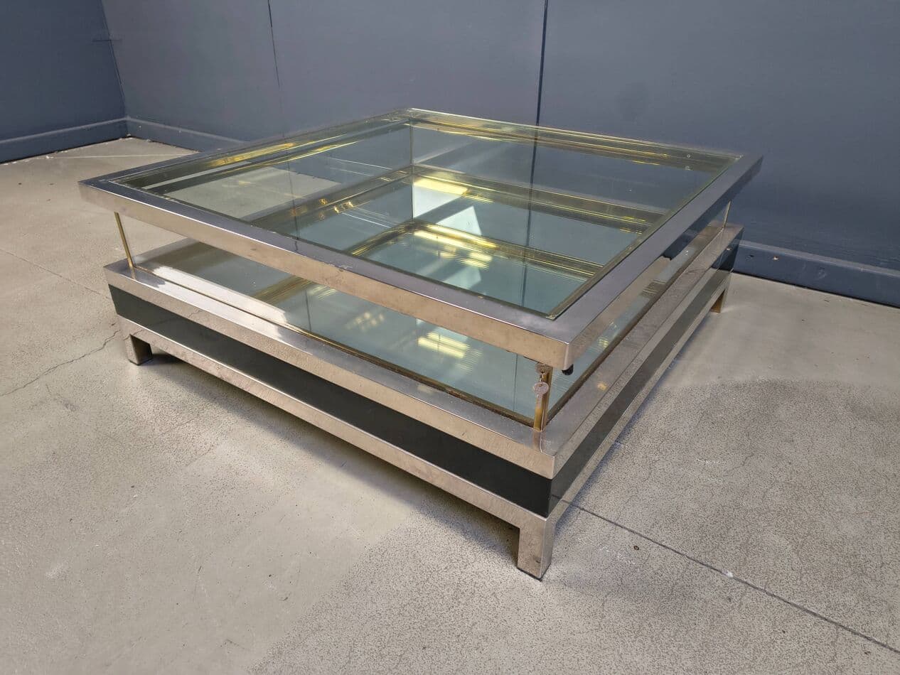 Coffee table, black, glass steel brass, France, 1970s. - 275225