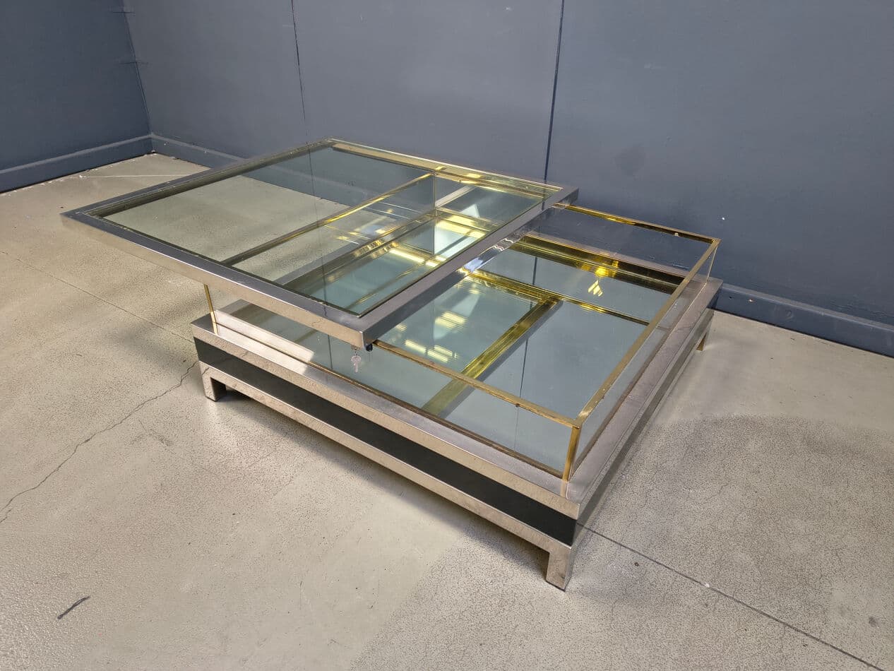 Coffee table, black, glass steel brass, France, 1970s. - 275216