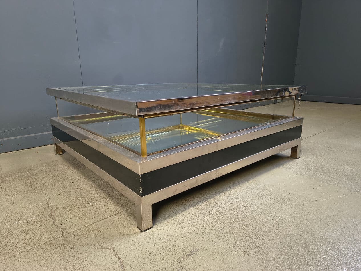 Coffee table, black, glass steel brass, France, 1970s. - 275224