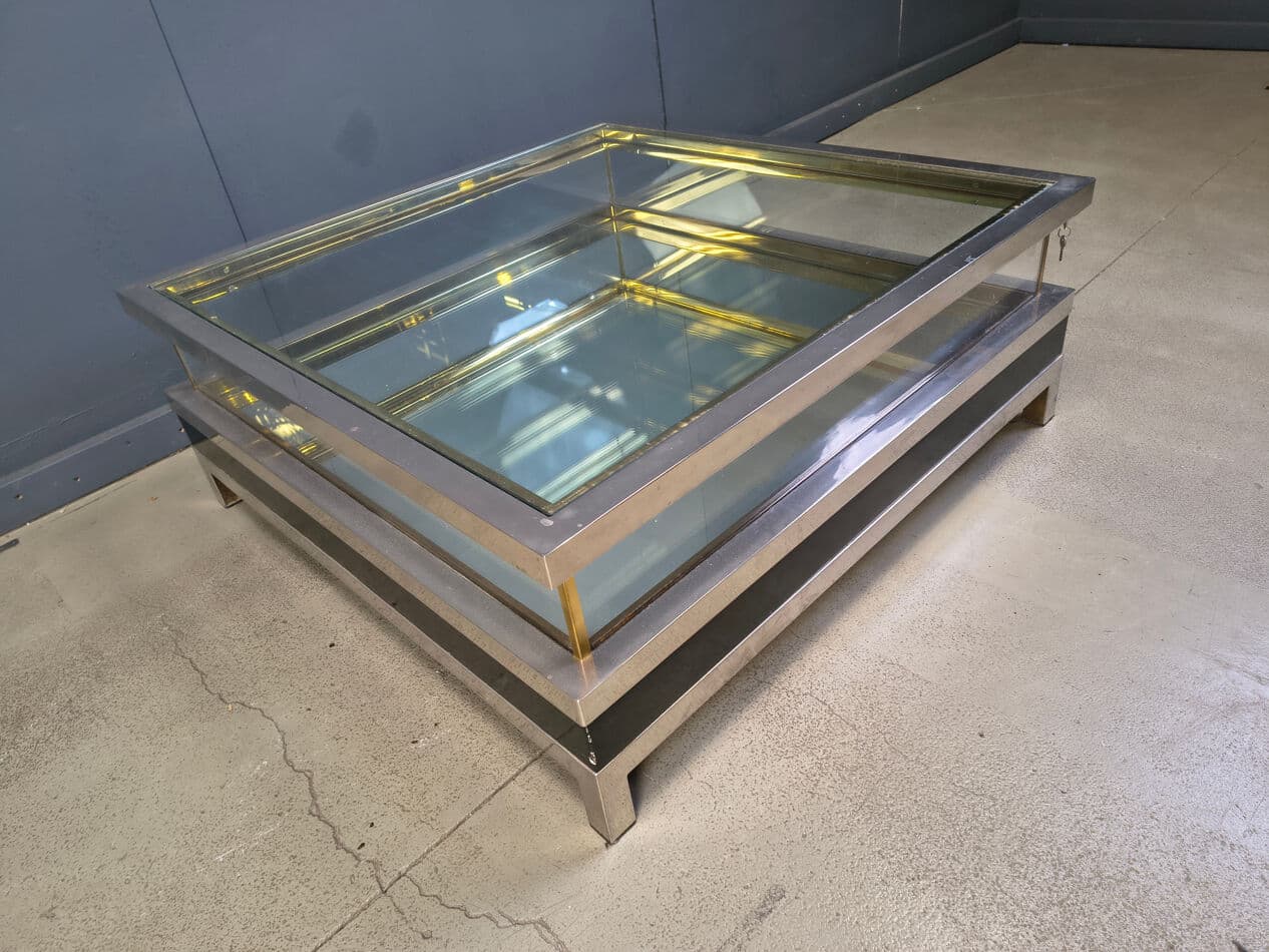 Coffee table, black, glass steel brass, France, 1970s. - 275222