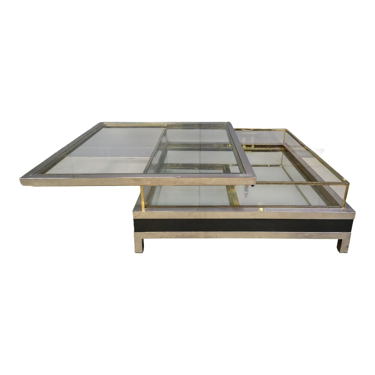 Coffee table, black, glass steel brass, France, 1970s.