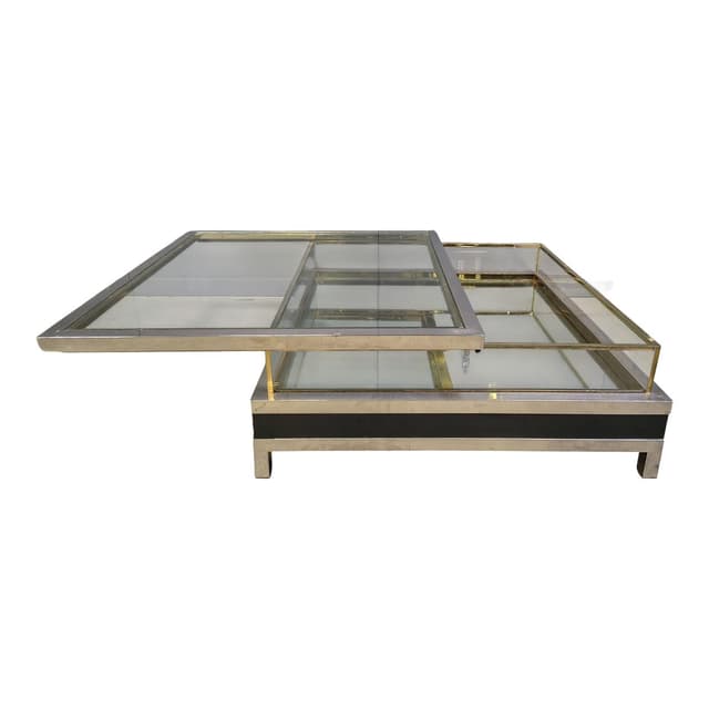 Coffee table, black, glass steel brass, France, 1970s. - DIMENSION